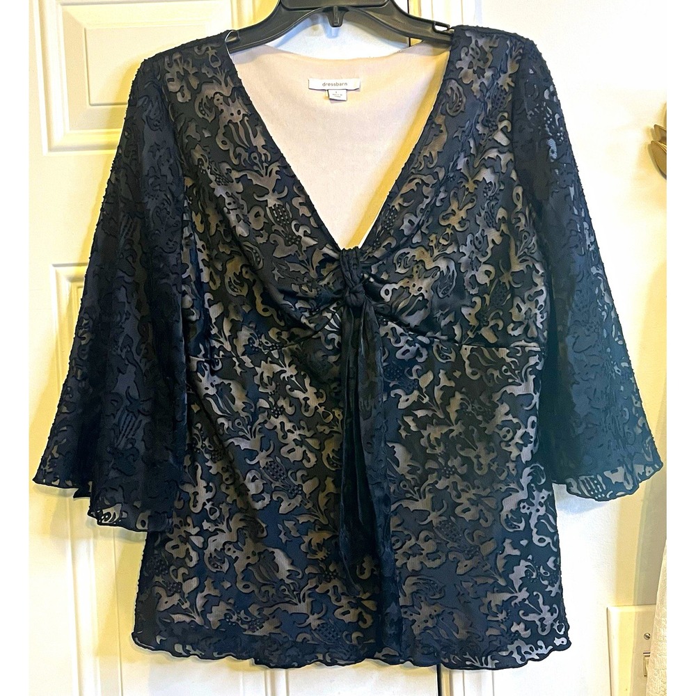 Dressbarn Y2K VTG Babydoll Top L Black Sheer Burnout Lace Nude Lined Bell Sleeve